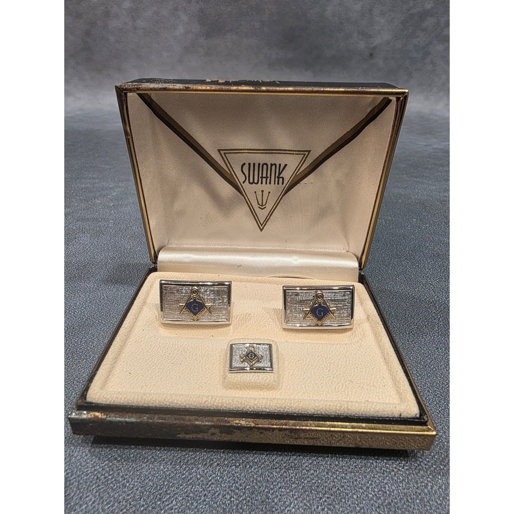 Vintage Swank Masonic Cufflinks and Tie Tac Set Silver Gold Tone Blue Enamel Box